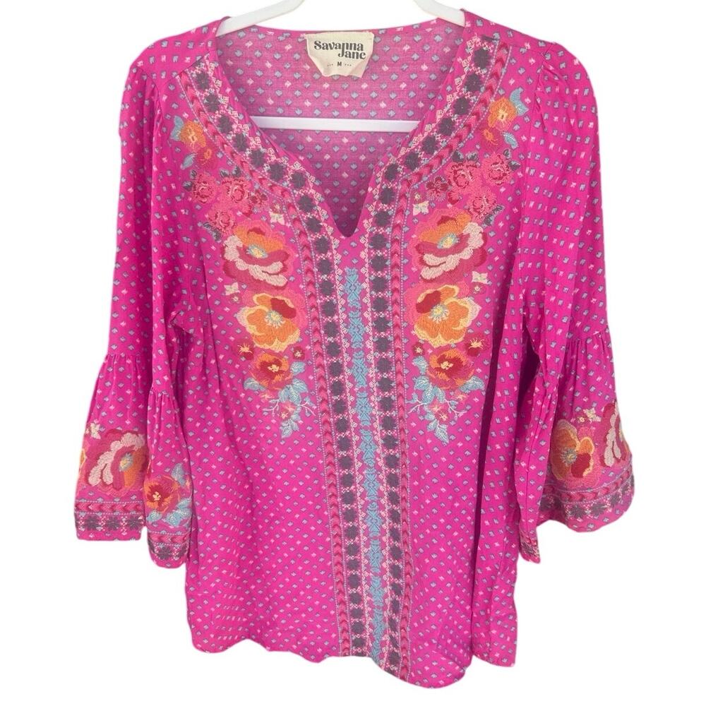 Savanna Jane M Hot Pink Floral Embroidered Boho Peasant Blouse Bell Sleeve